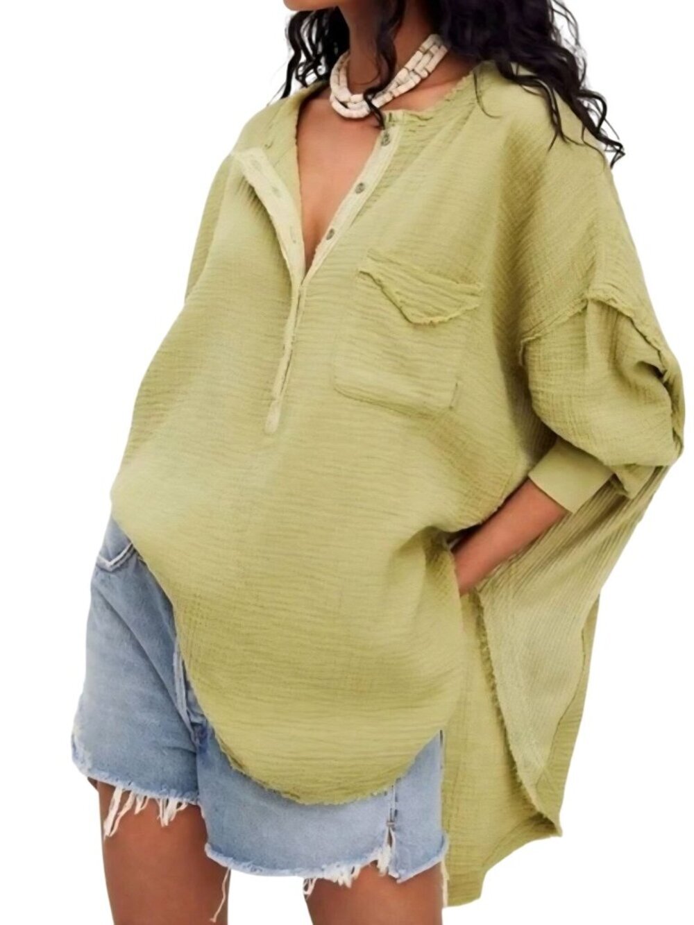 Free People Palo Santo Pullover Olive Green Oversized Gauze Size S